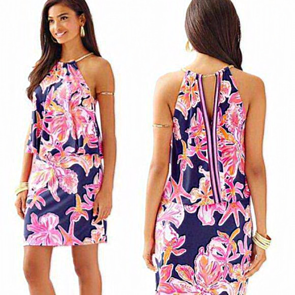 Lilly Pulitzer Floral Lucia Halter Dress in Bright Navy Women Size XS - Picture 1 of 9